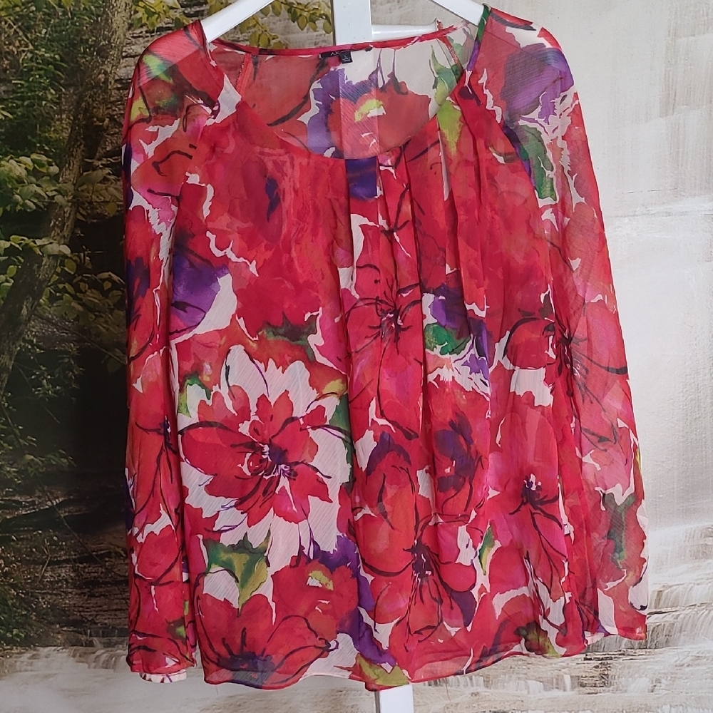 Anne Klein Womens Large Vibrant Colorful Sheer Floral Long Flare Sleeve Blouse